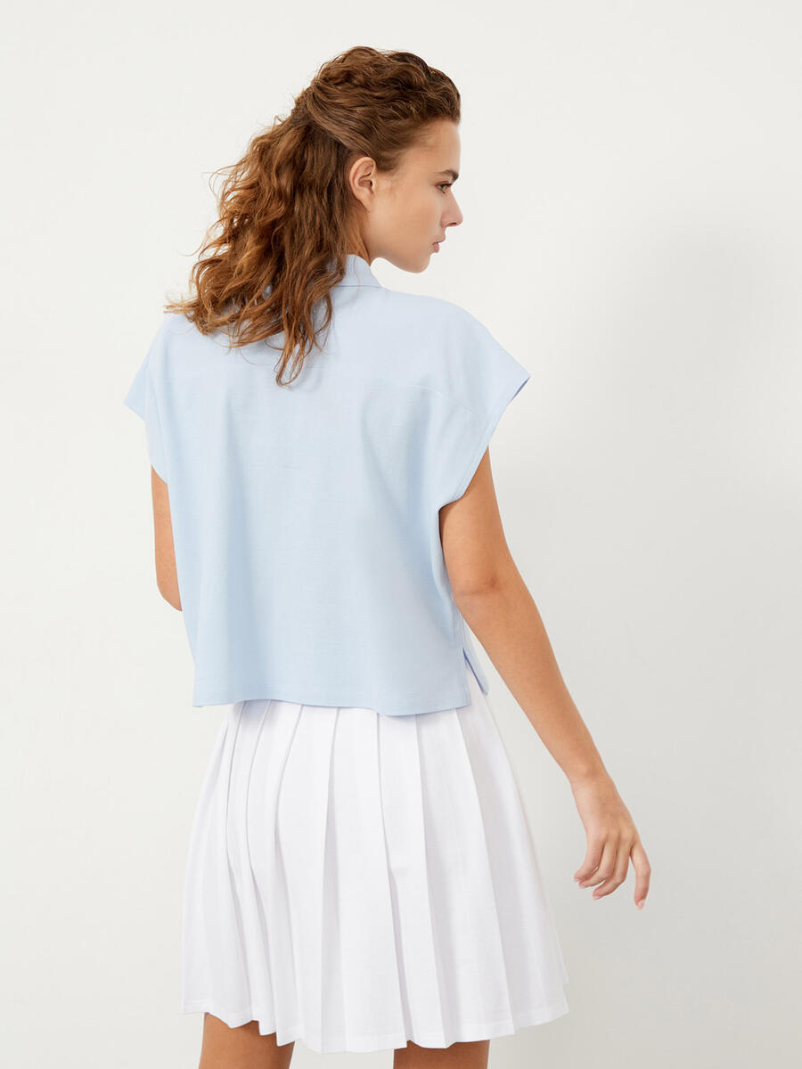 Mavi Oversize Pamuklu Polo Yaka Basic Tişört - 4