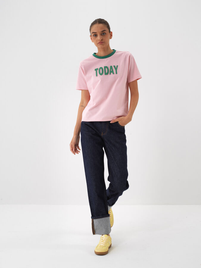 Pembe Pamuk Dokulu Regular Fit Tişört - Xint