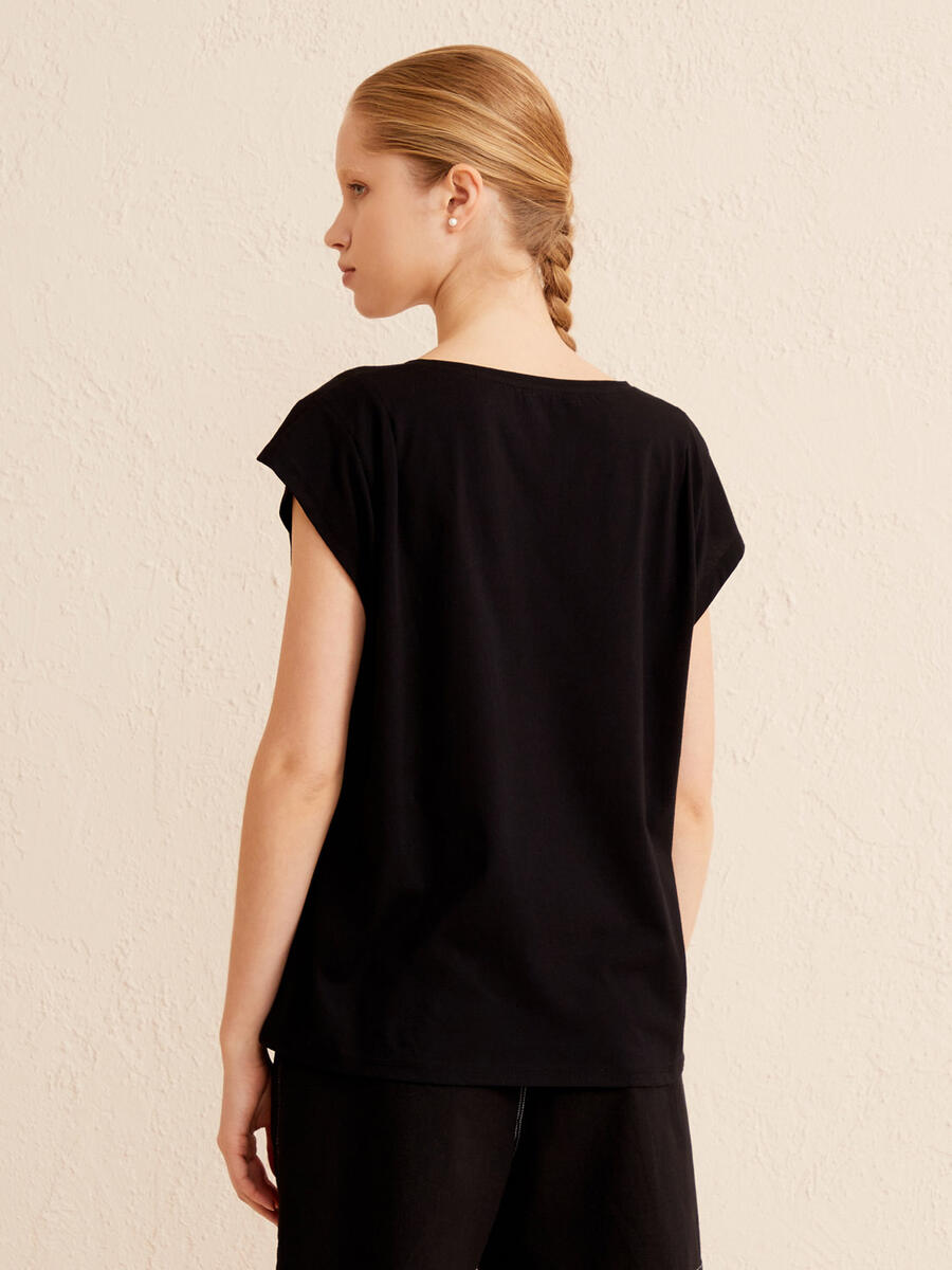 Siyah Regular Fit Pamuklu Basic Tişört - 4