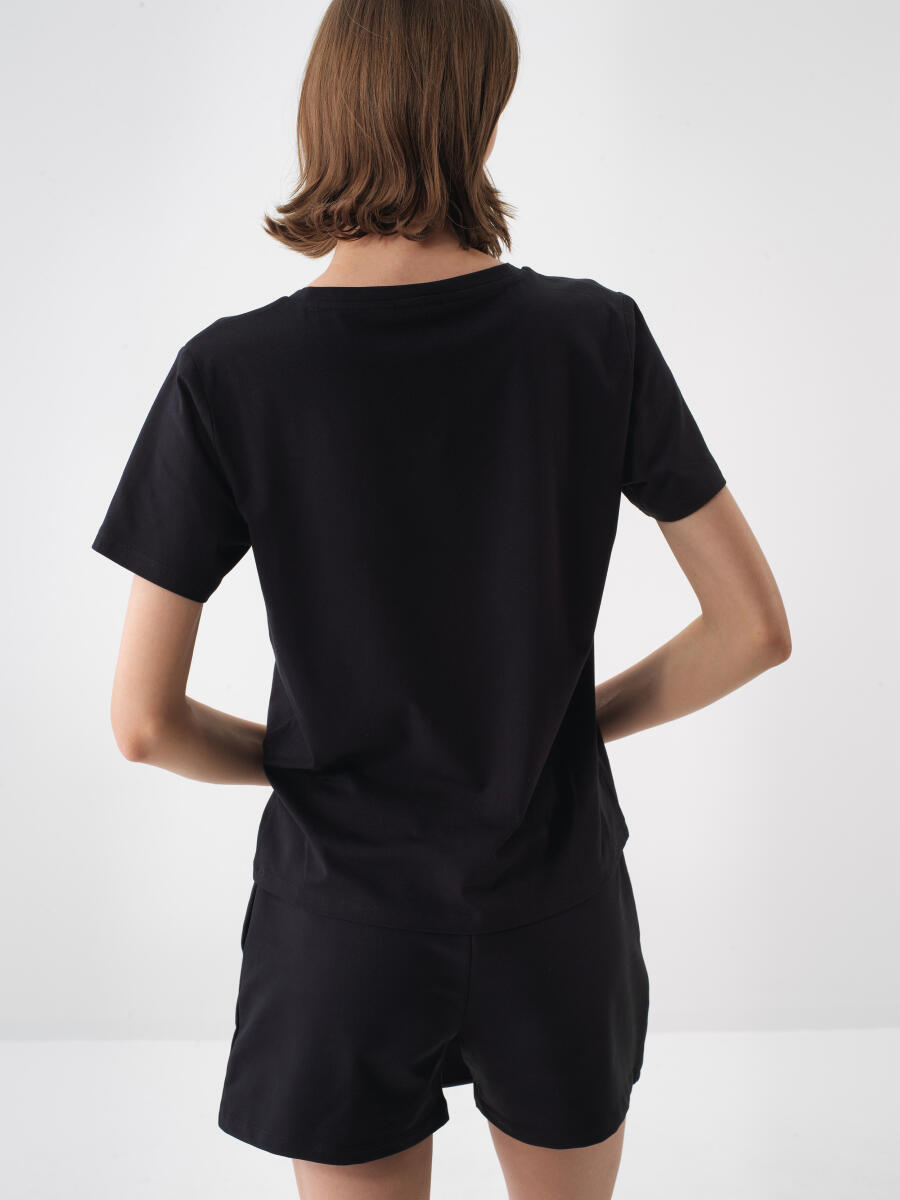 Siyah Regular Fit Pamuklu Tişört - 4