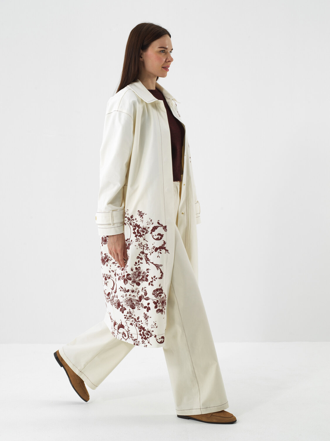 Ekru Modal Dokulu Oversize Trençkot - Xint