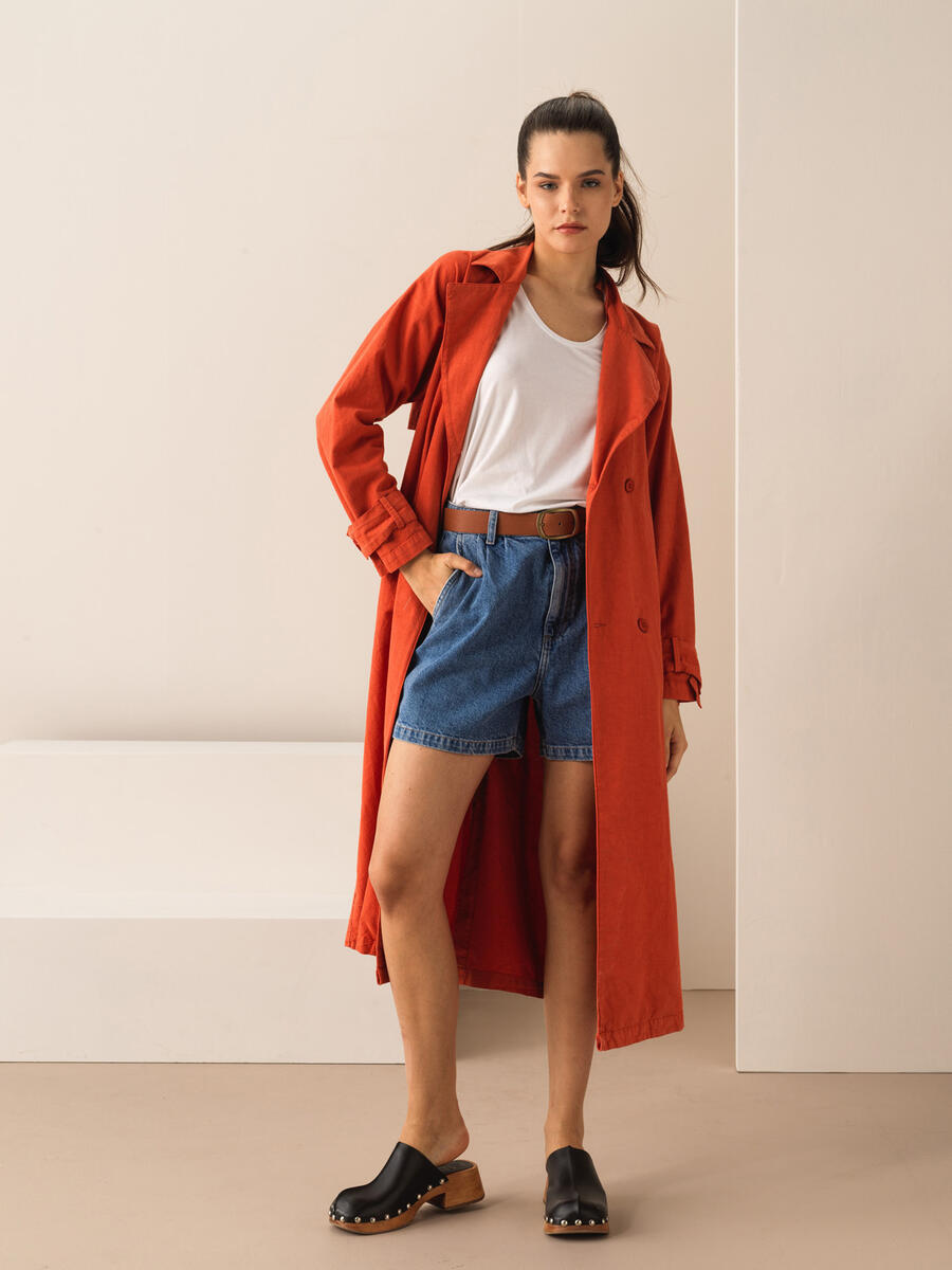 Kiremit Rengi Oversize Keten Trençkot - 3