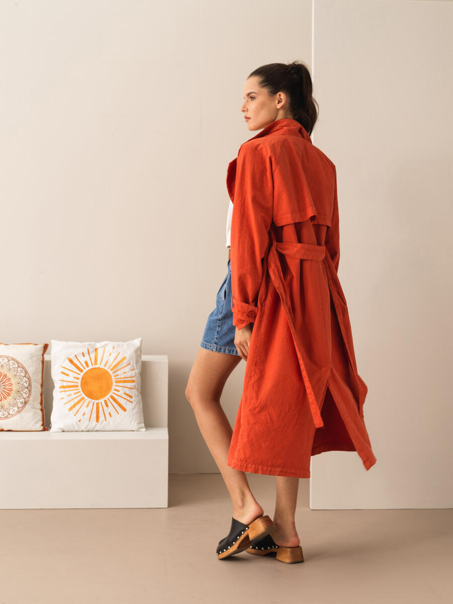 Kiremit Rengi Oversize Keten Trençkot - 4