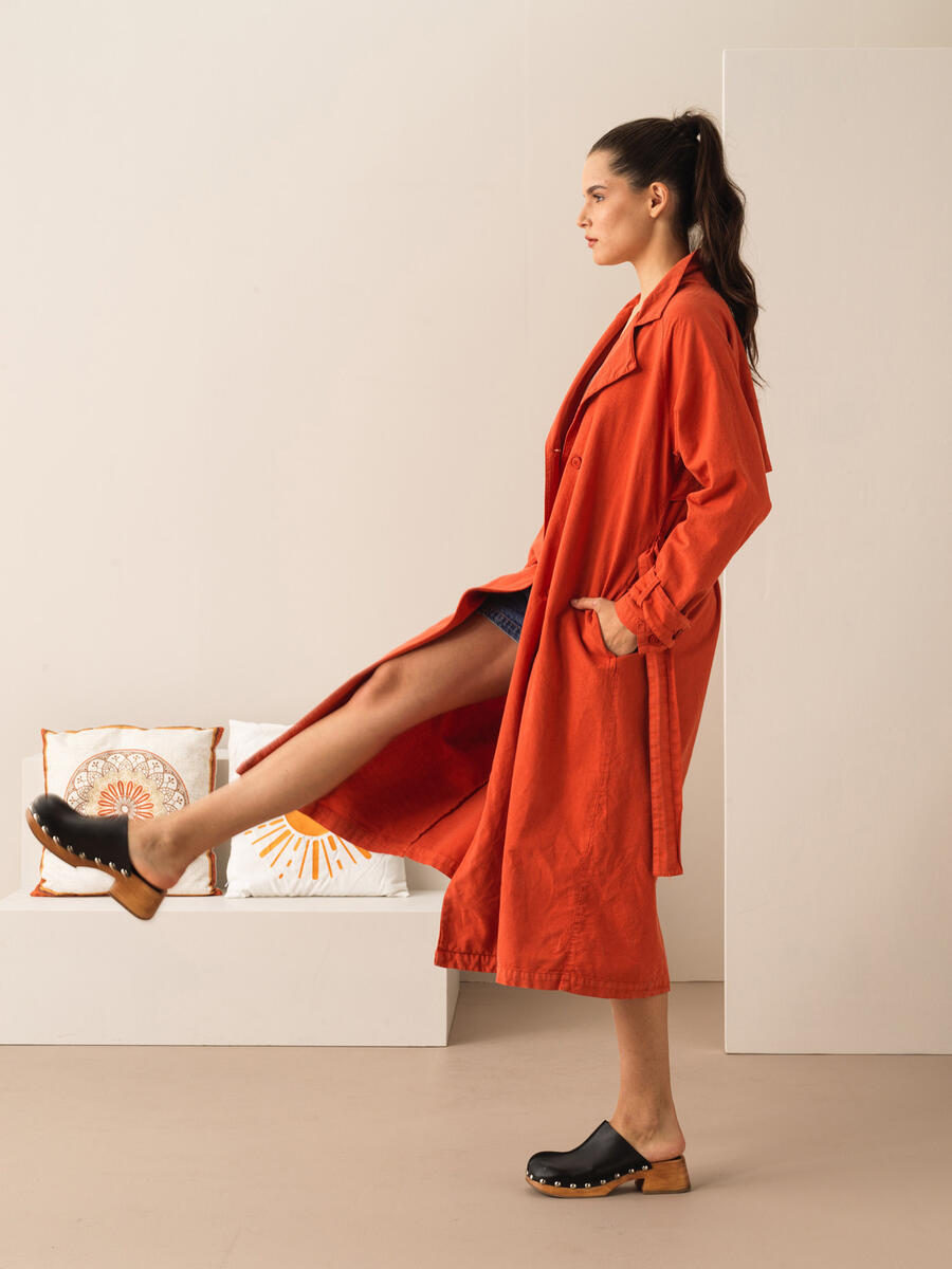 Kiremit Rengi Oversize Keten Trençkot - 2