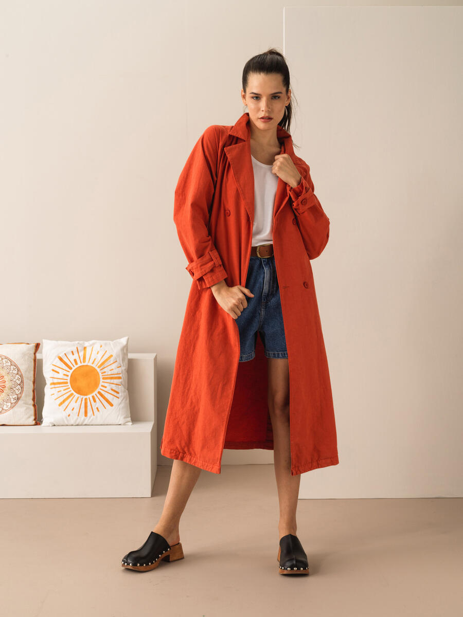 Kiremit Rengi Oversize Keten Trençkot