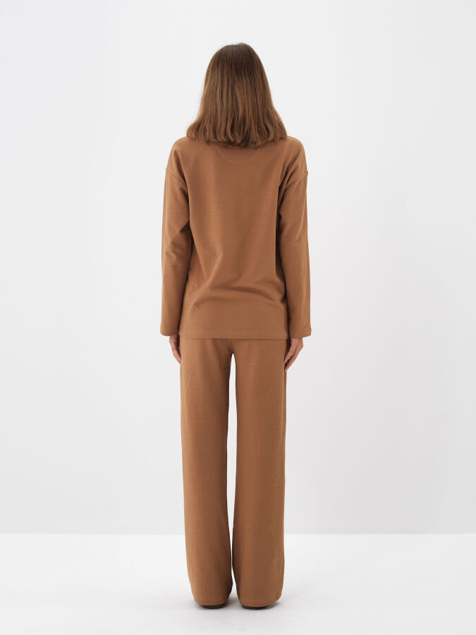 Camel Pamuk Dokulu Oversize Uzun Kollu Tişört - Xint