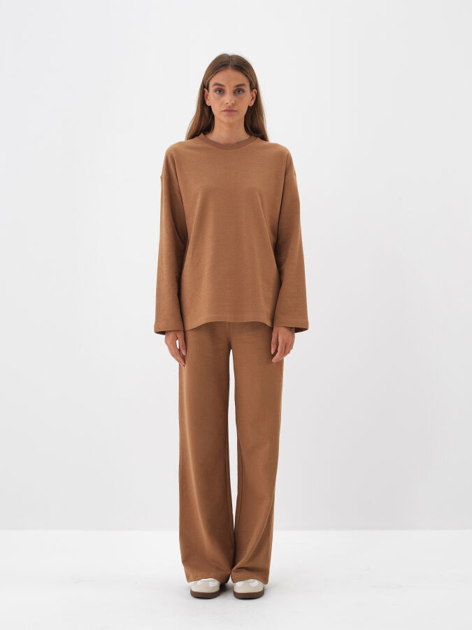 Camel Pamuk Dokulu Oversize Uzun Kollu Tişört - Xint