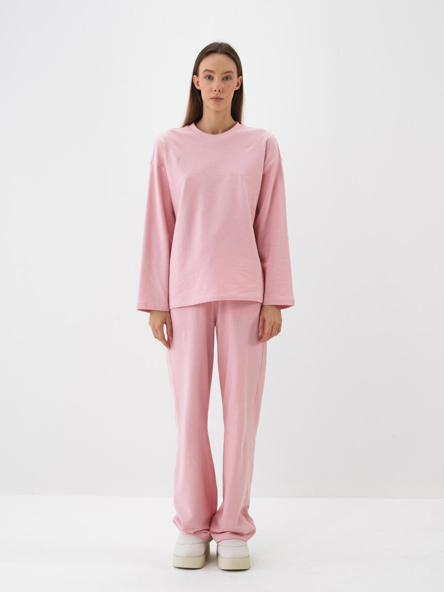 Pembe Pamuk Dokulu Oversize Uzun Kollu Tişört - 2