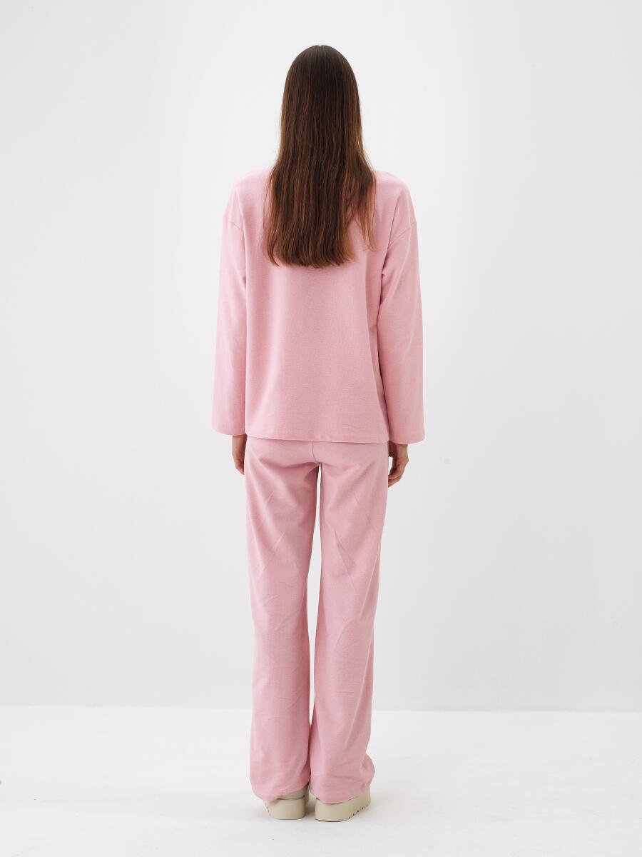 Pembe Pamuk Dokulu Oversize Uzun Kollu Tişört - 5