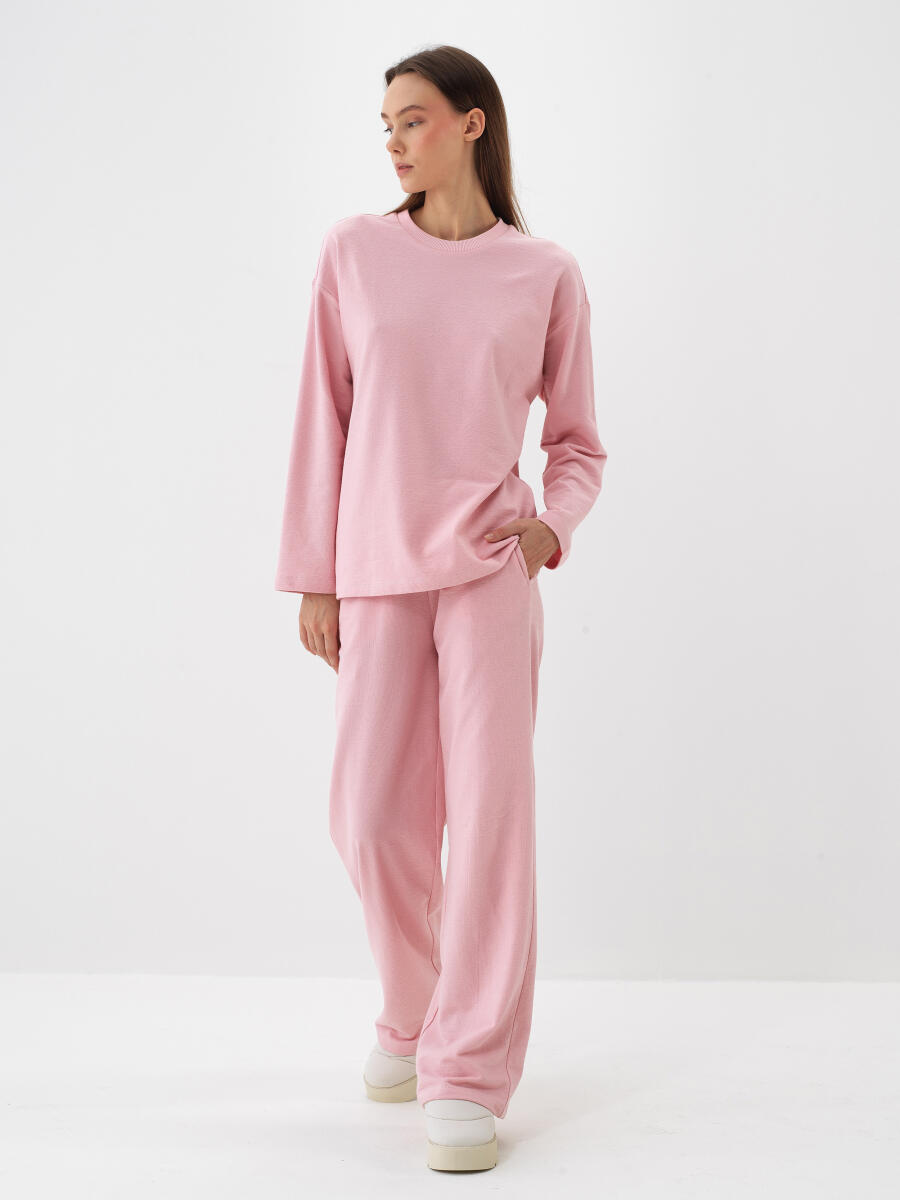 Pembe Pamuk Dokulu Oversize Uzun Kollu Tişört - 3