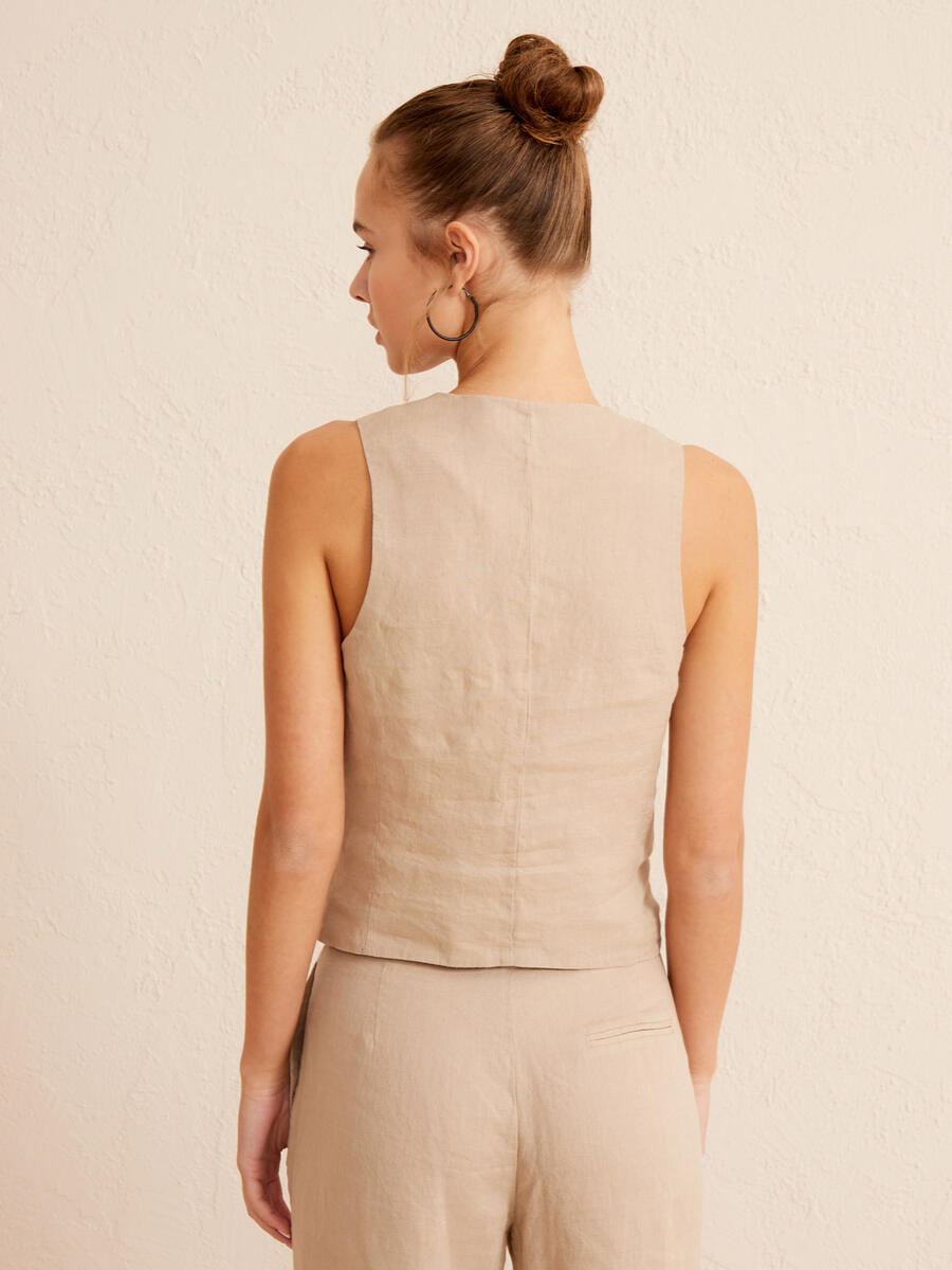Bej Regular Fit Keten Yelek - 5