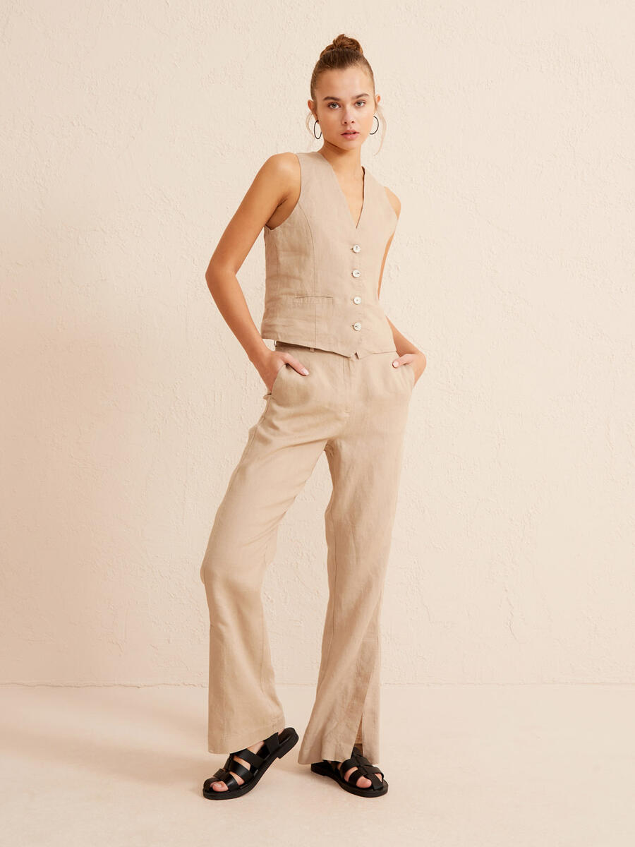 Bej Regular Fit Keten Yelek - 2