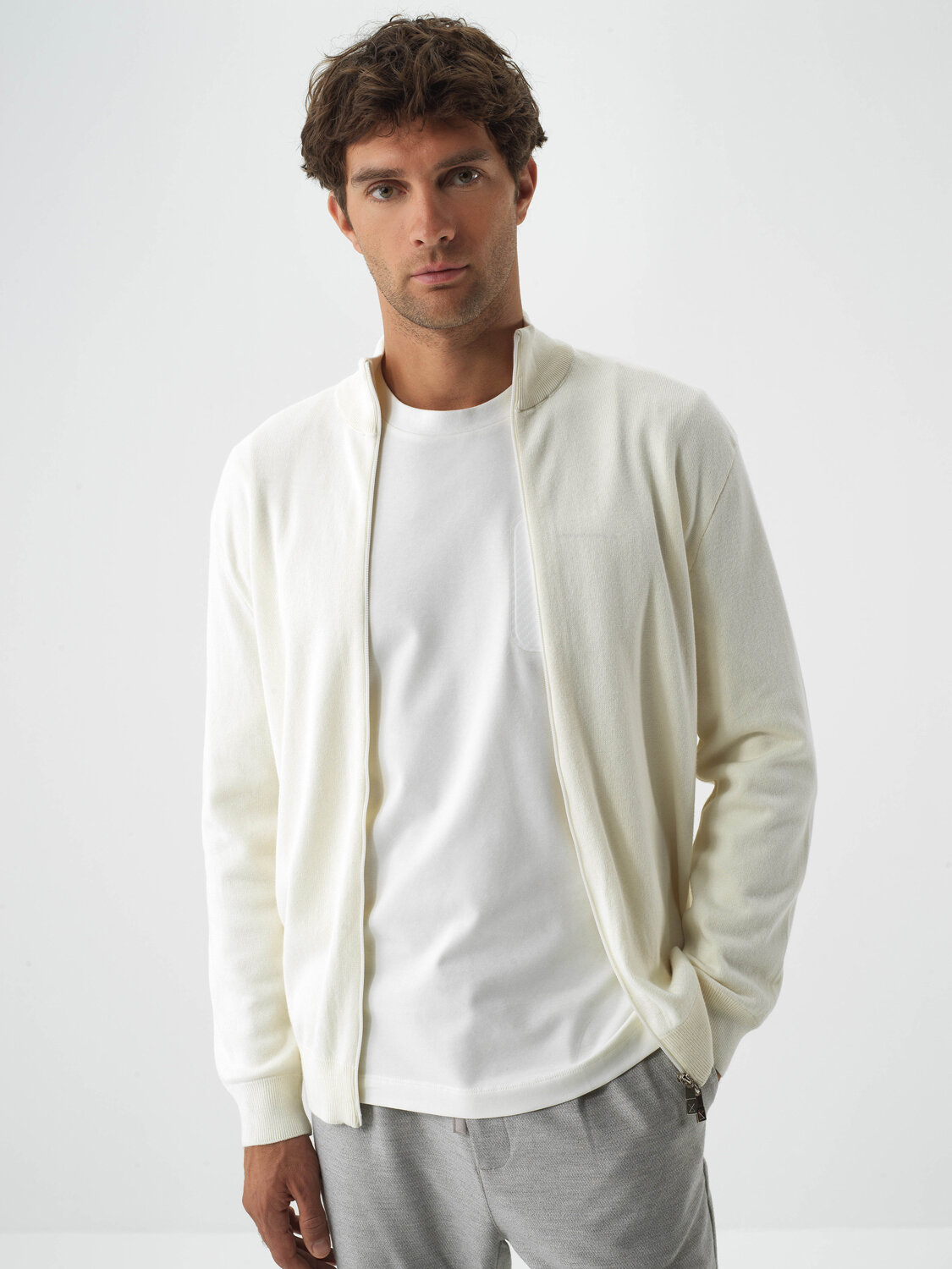 Ecru Cotton Textured Regular Fit Cardigan - Xint