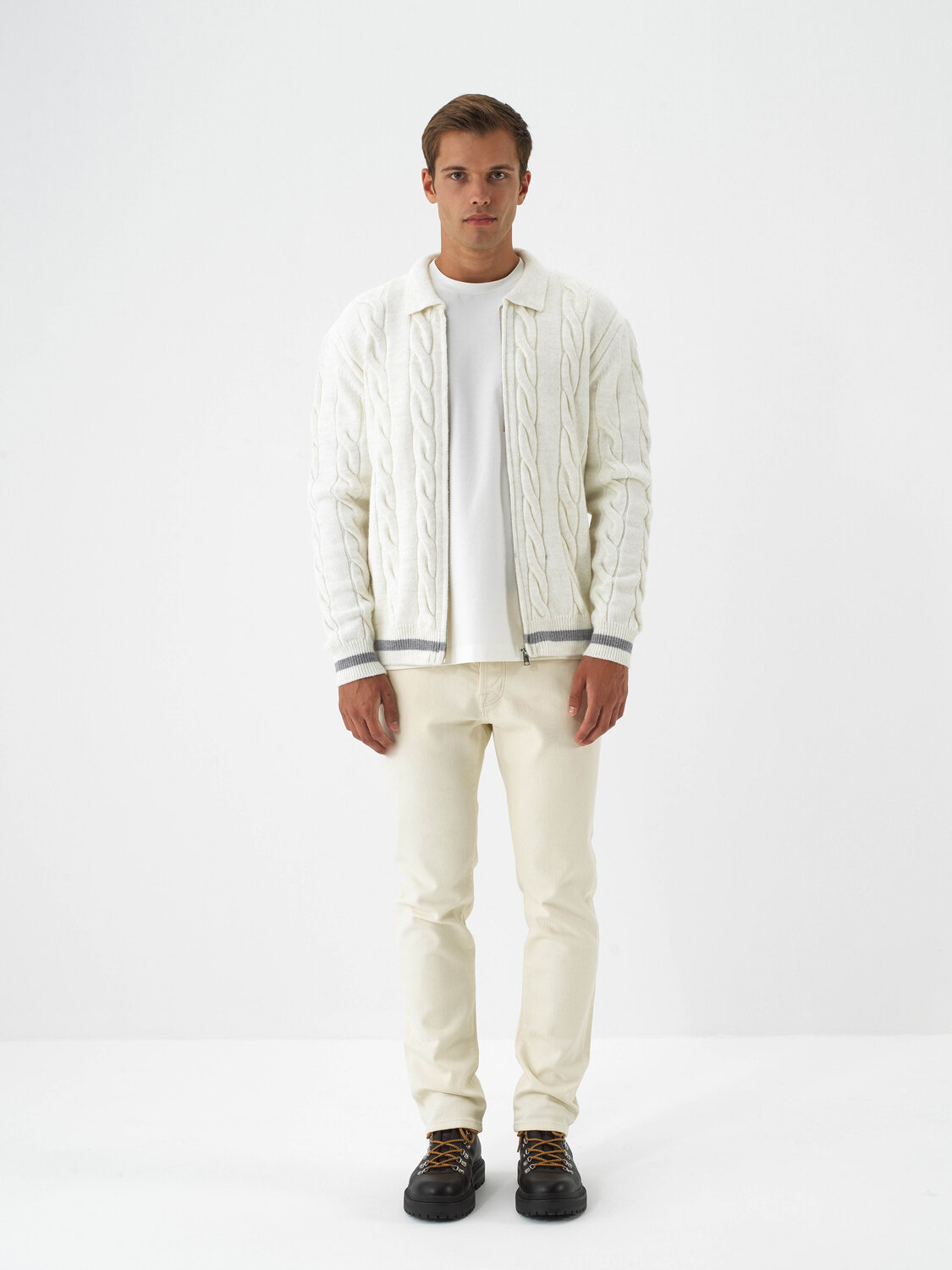 Ecru Natural Wool Textured Regular Fit Cardigan - Xint