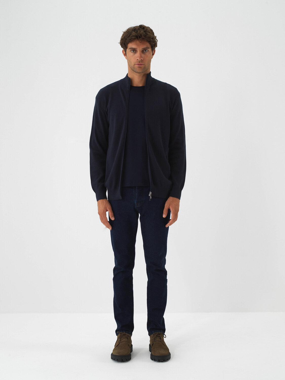 Navy Blue Cotton Textured Regular Fit Cardigan - Xint