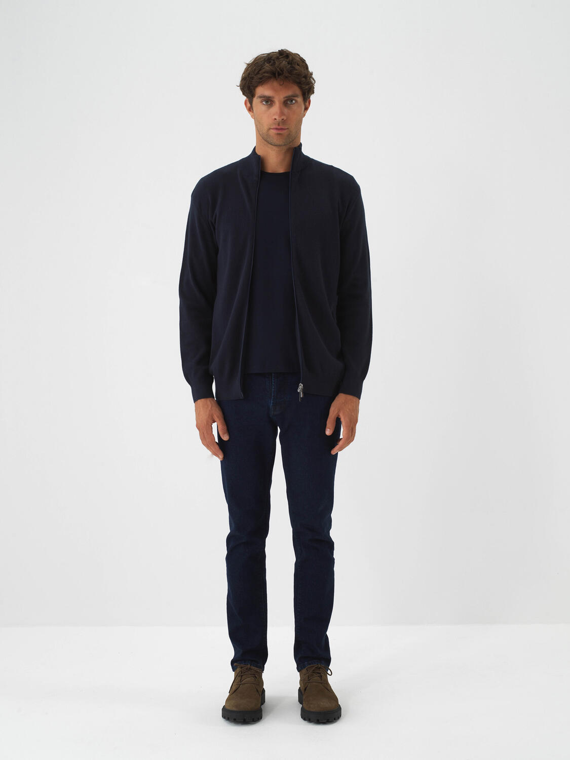 Navy Blue Cotton Textured Regular Fit Cardigan - 2