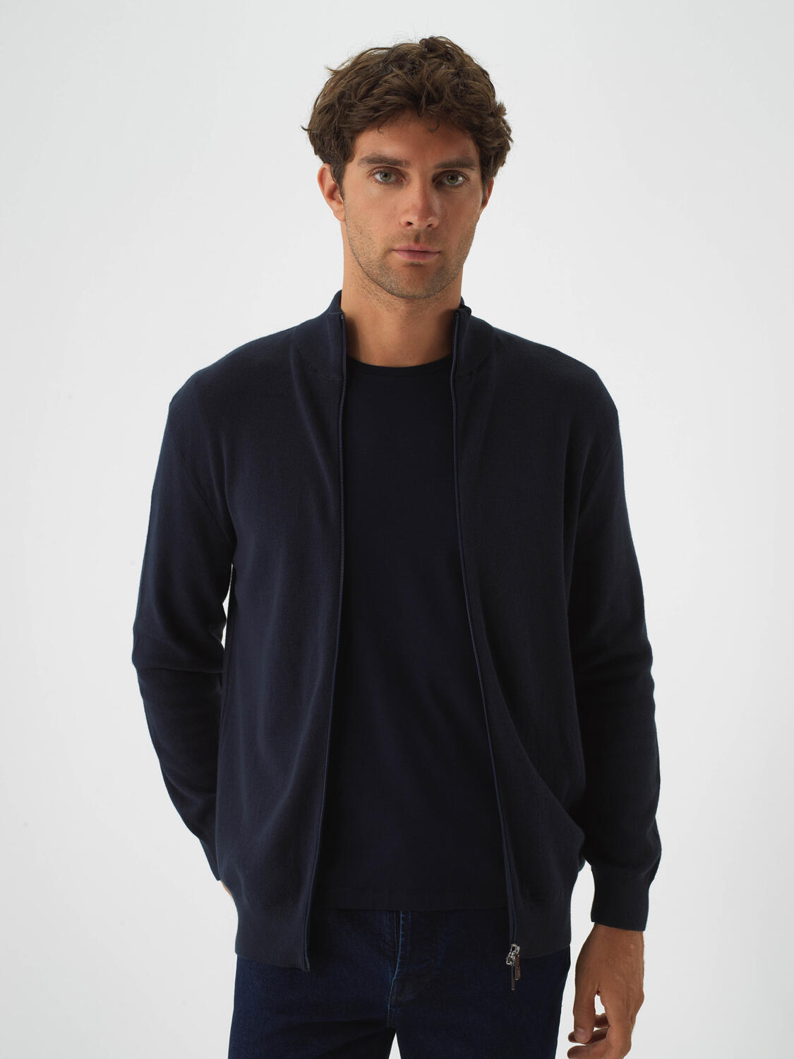 Navy Blue Cotton Textured Regular Fit Cardigan