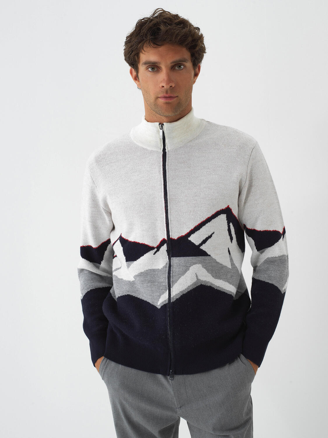 Navy Blue Natural Wool Textured Regular Fit Cardigan