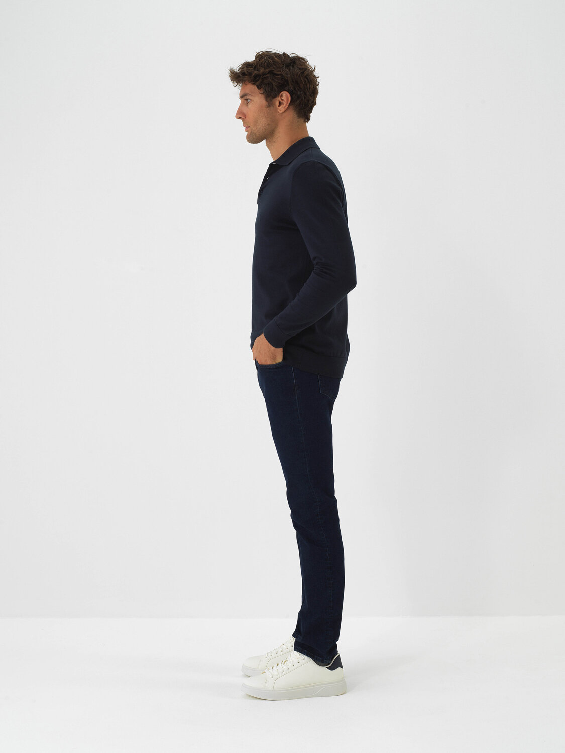 Navy Blue Cotton Textured Slim Fit Denim Trousers - Xint