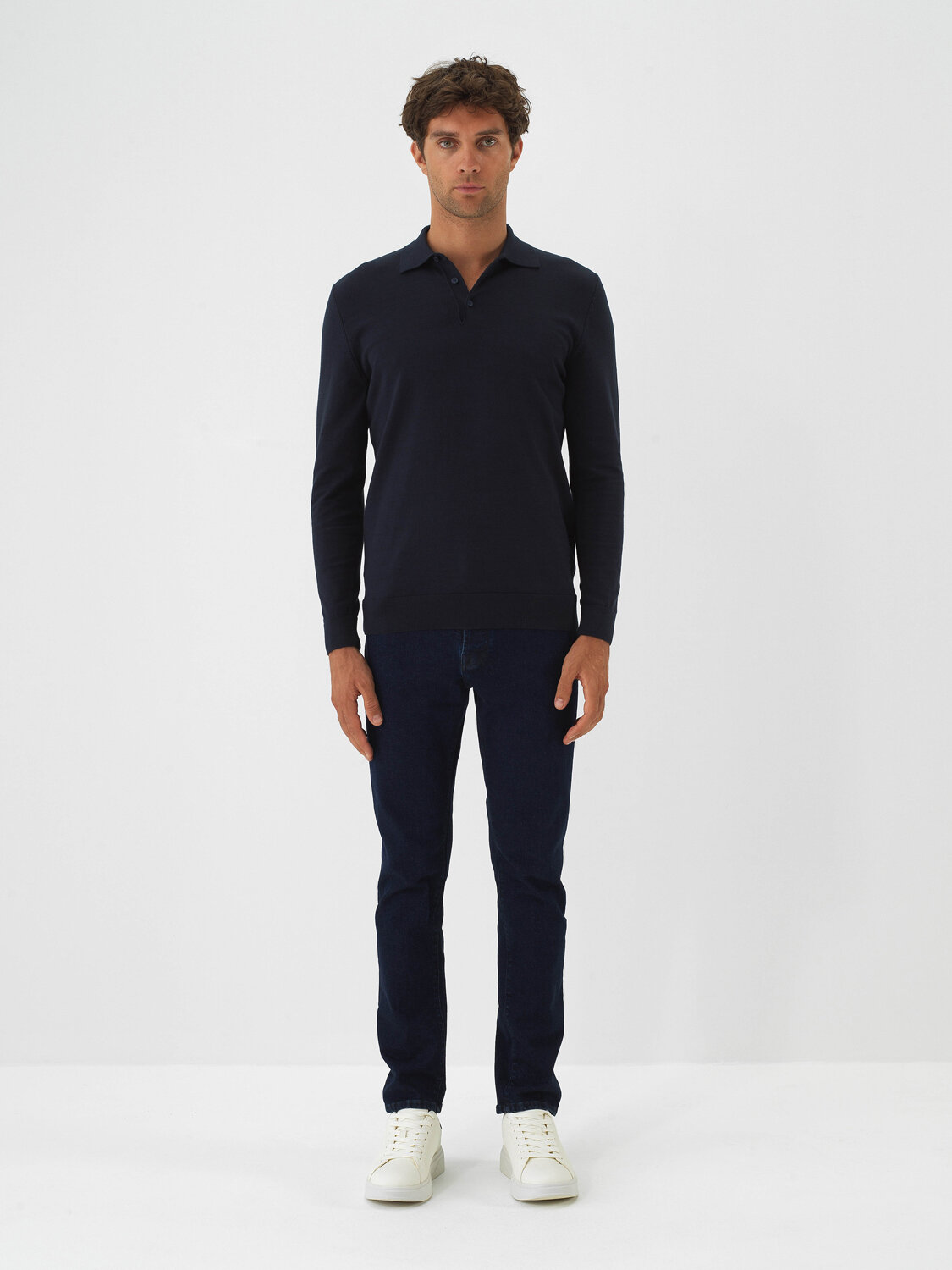 Navy Blue Cotton Textured Slim Fit Denim Trousers - Xint