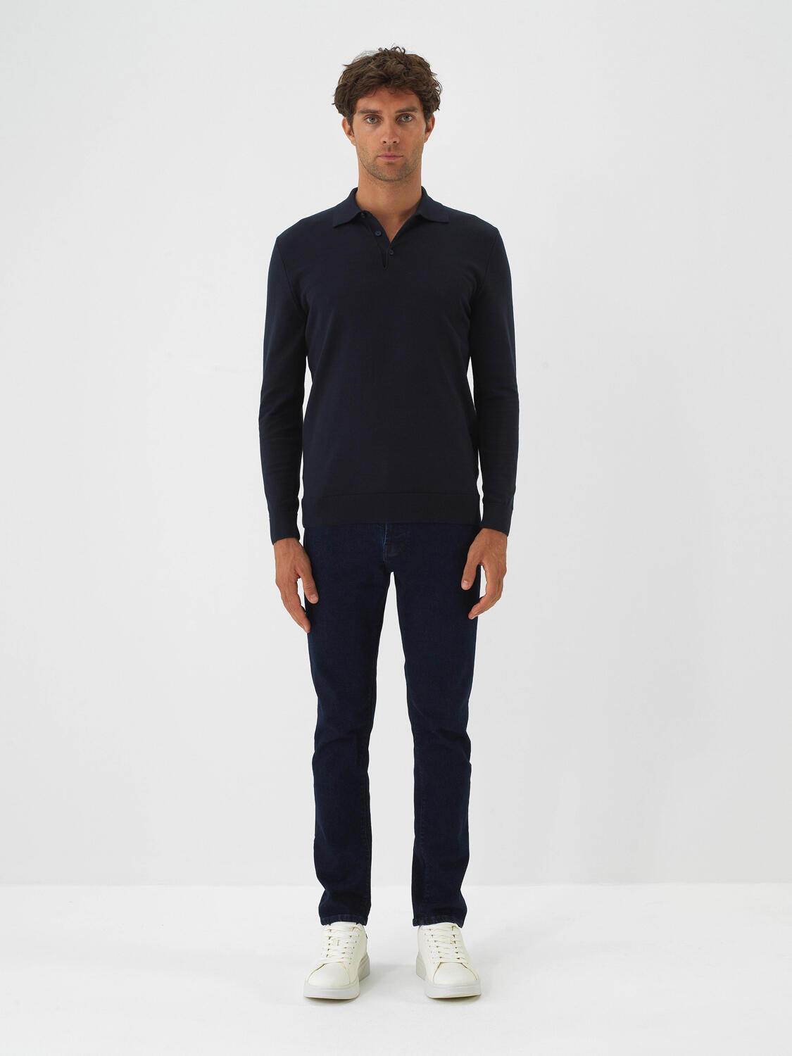Navy Blue Cotton Textured Slim Fit Denim Trousers - 2