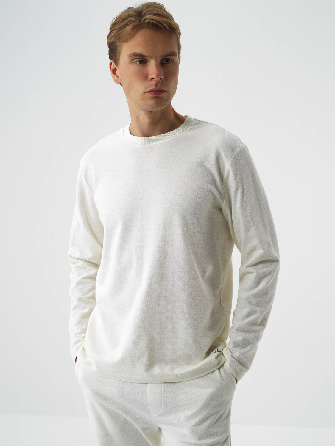 Ecru Cotton Textured Regular Fit Long Sleeve T-Shirt - Xint