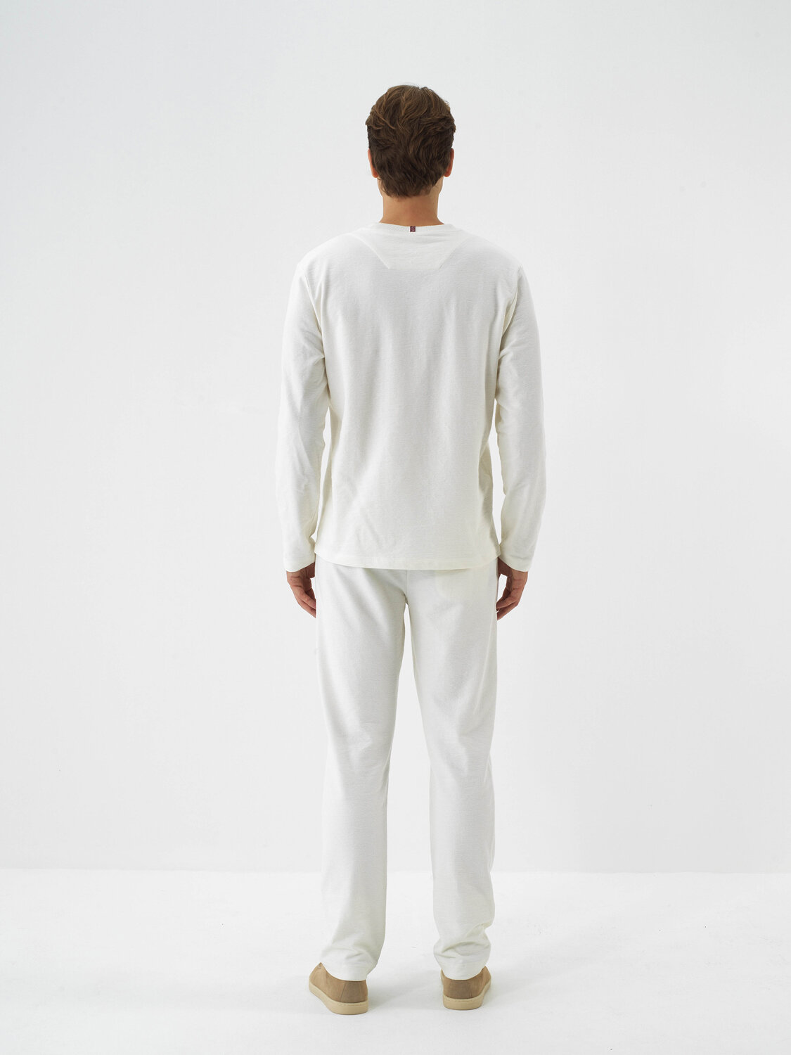 Ecru Cotton Textured Regular Fit Long Sleeve T-Shirt - Xint