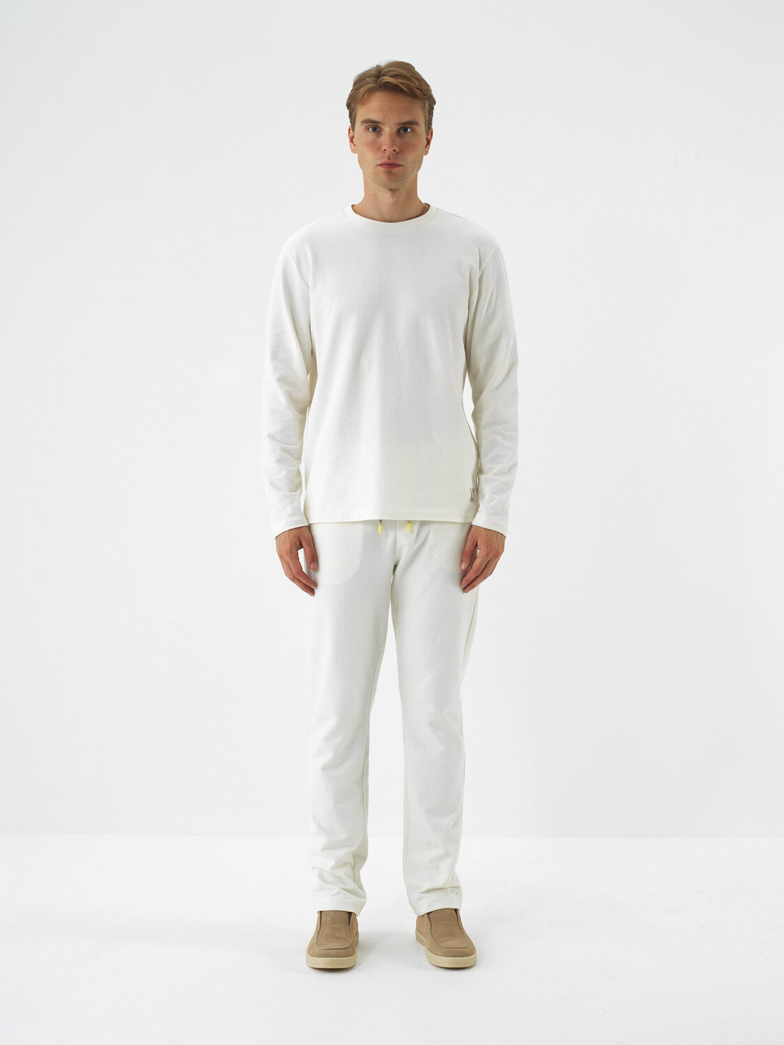 Ecru Cotton Textured Regular Fit Long Sleeve T-Shirt - Xint