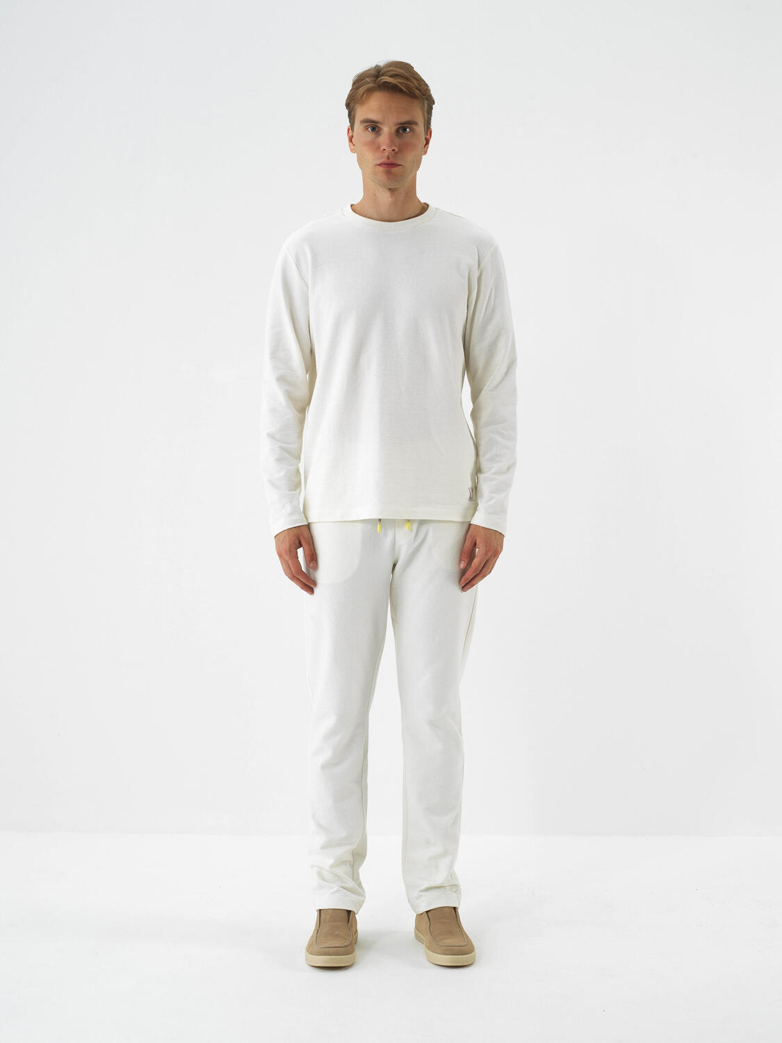 Ecru Cotton Textured Regular Fit Long Sleeve T-Shirt - 2