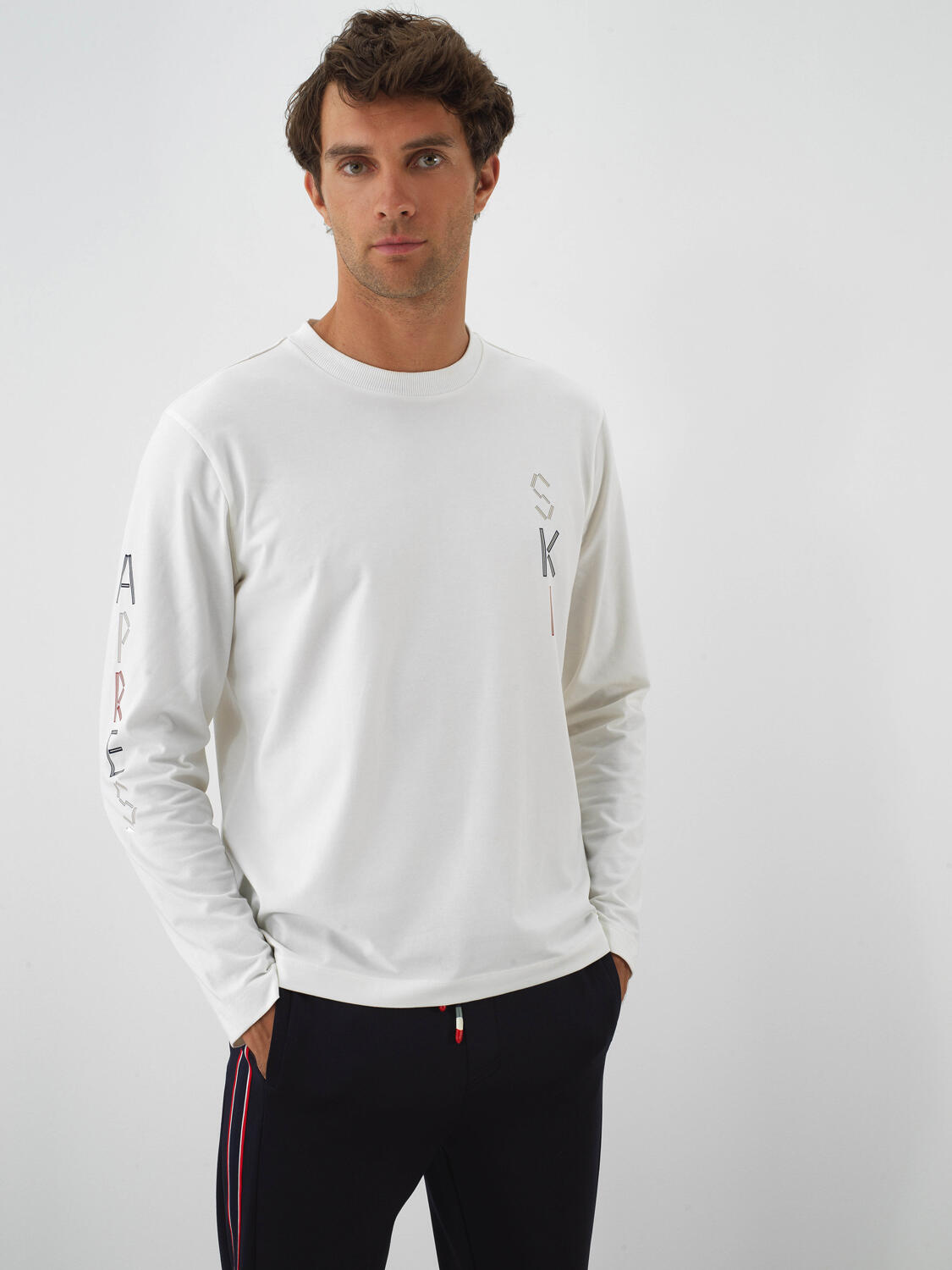 Ecru Cotton Textured Regular Fit Long Sleeve T-Shirt