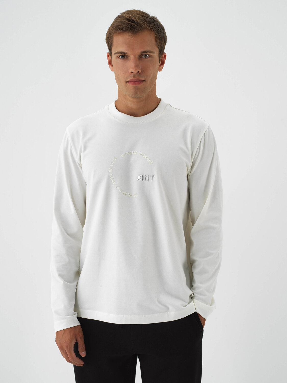 Ecru Cotton Textured Regular Fit Long Sleeve T-Shirt - Xint