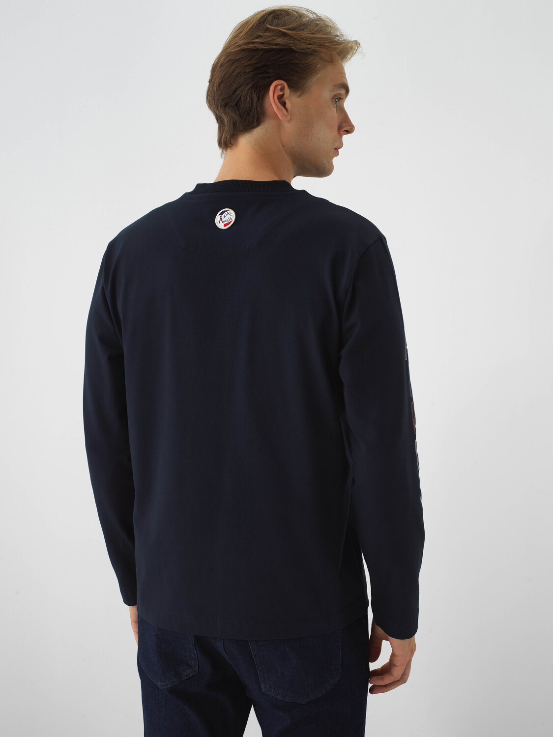 Navy Blue Cotton Textured Regular Fit Long Sleeve T-Shirt - Xint