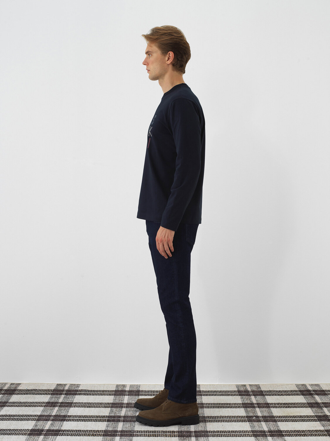 Navy Blue Cotton Textured Regular Fit Long Sleeve T-Shirt - Xint