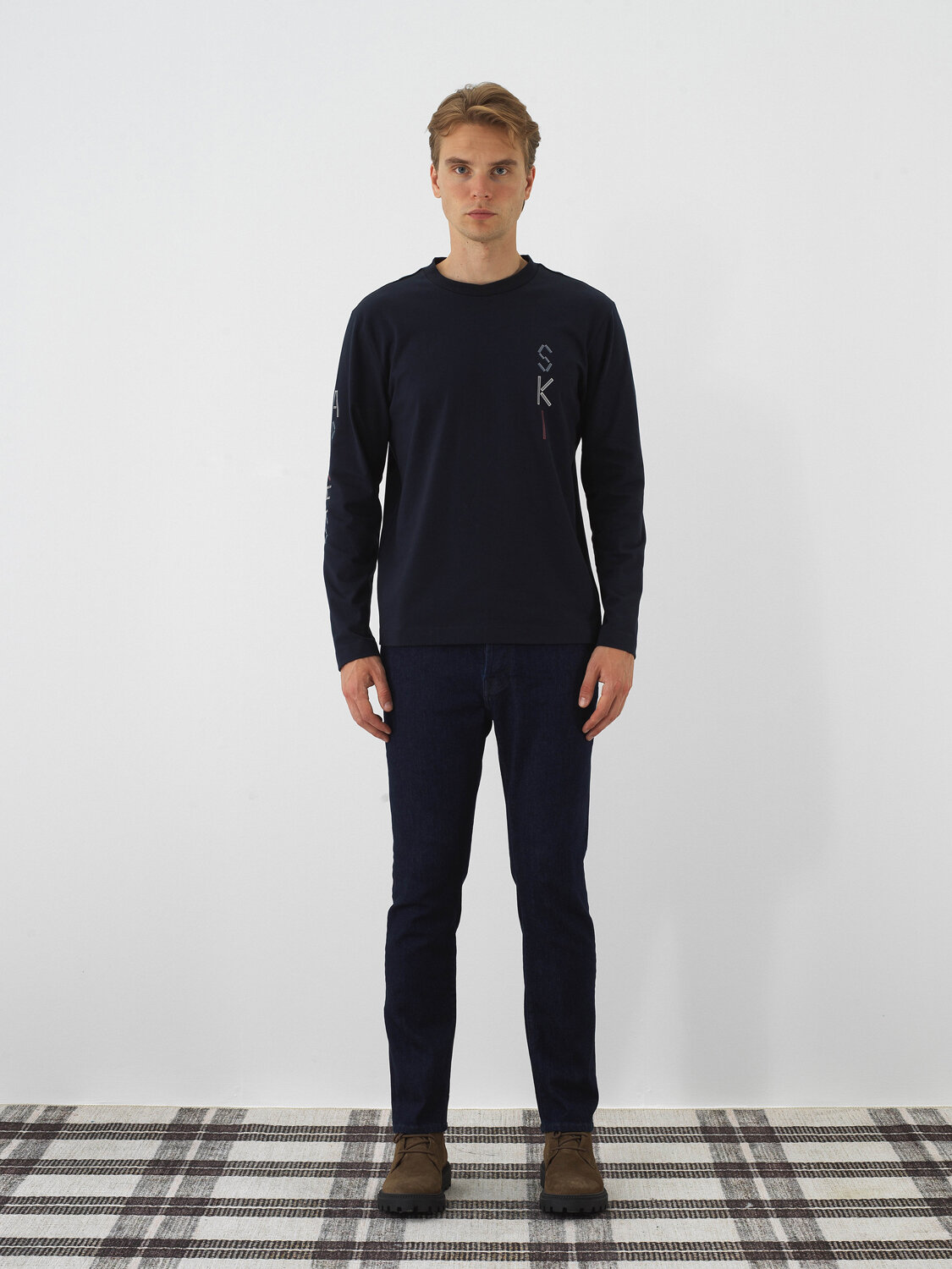 Navy Blue Cotton Textured Regular Fit Long Sleeve T-Shirt - Xint