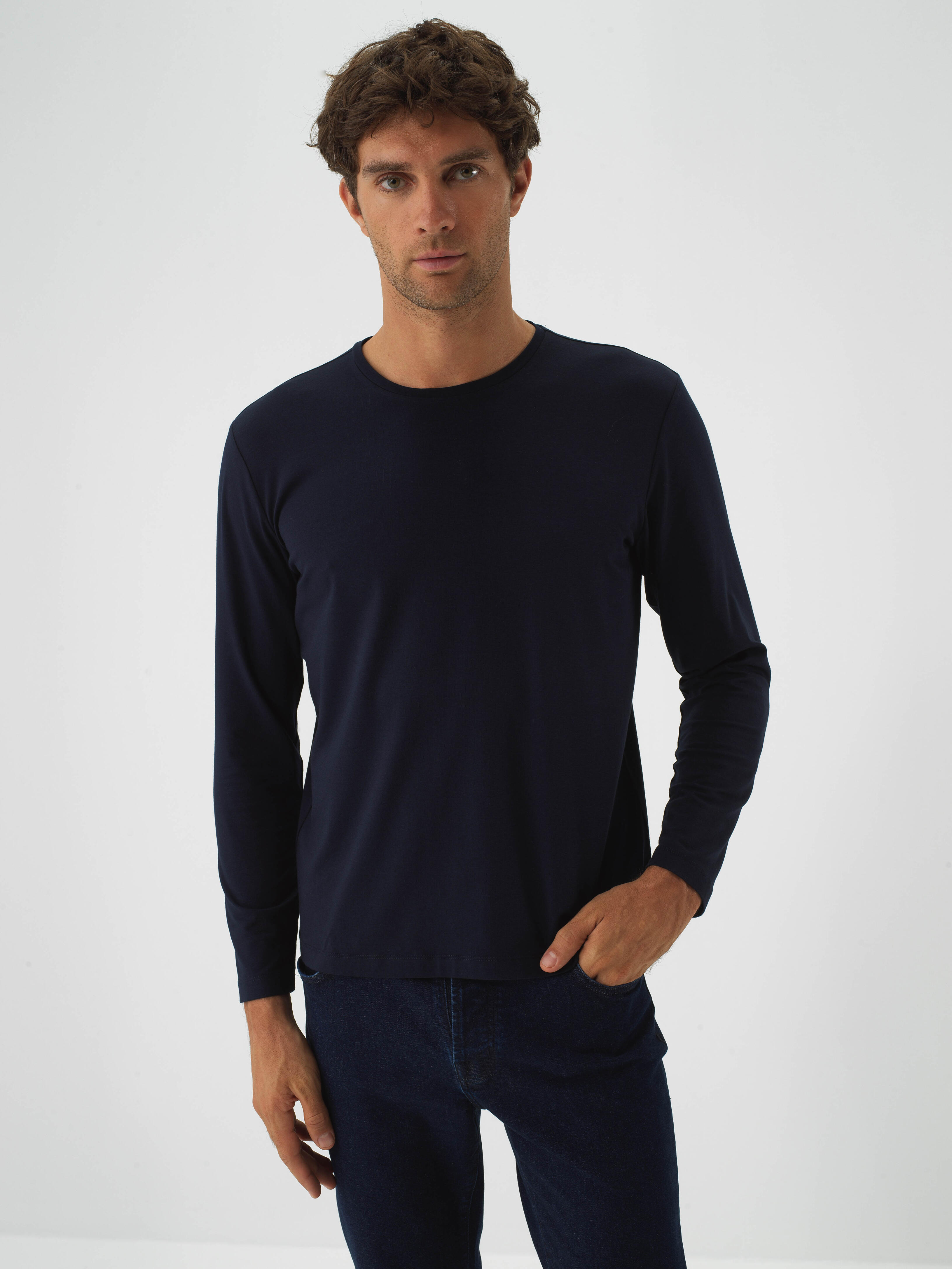 Navy Blue Modal Textured Slim Fit Long Sleeve T-Shirt