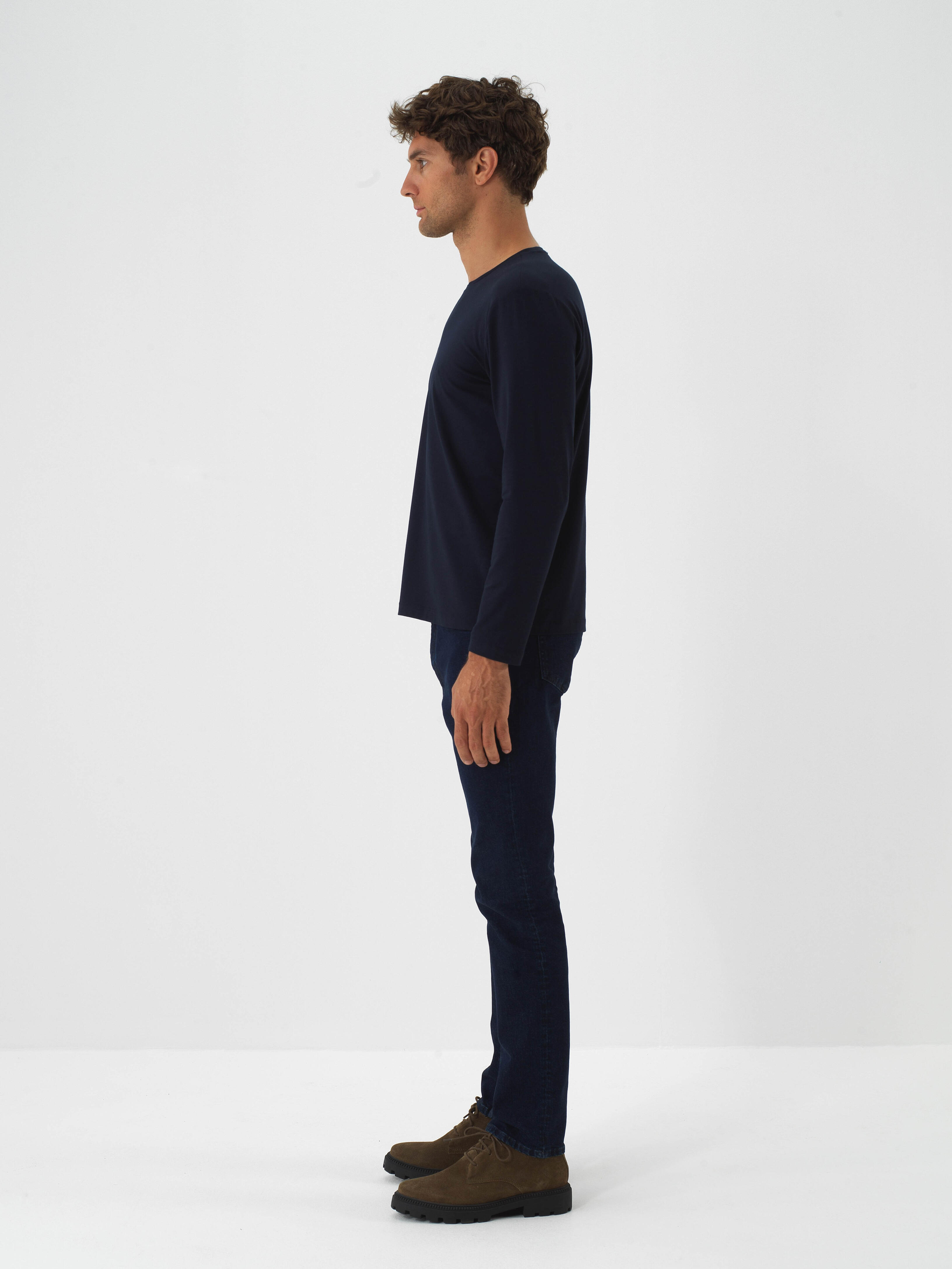 Navy Blue Modal Textured Slim Fit Long Sleeve T-Shirt - 3
