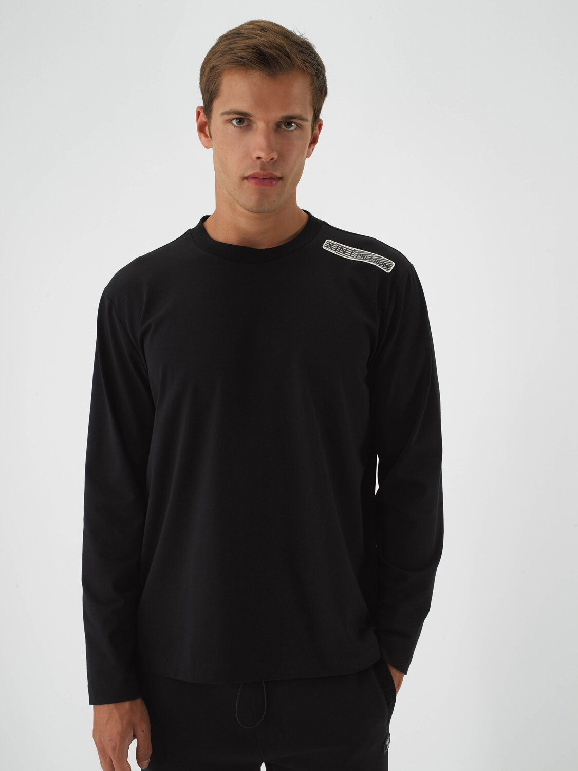 Black Cotton Textured Regular Fit Long Sleeve T-Shirt - Xint
