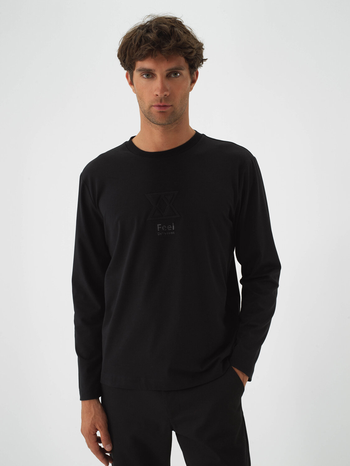 Black Cotton Textured Regular Fit Long Sleeve T-Shirt - Xint