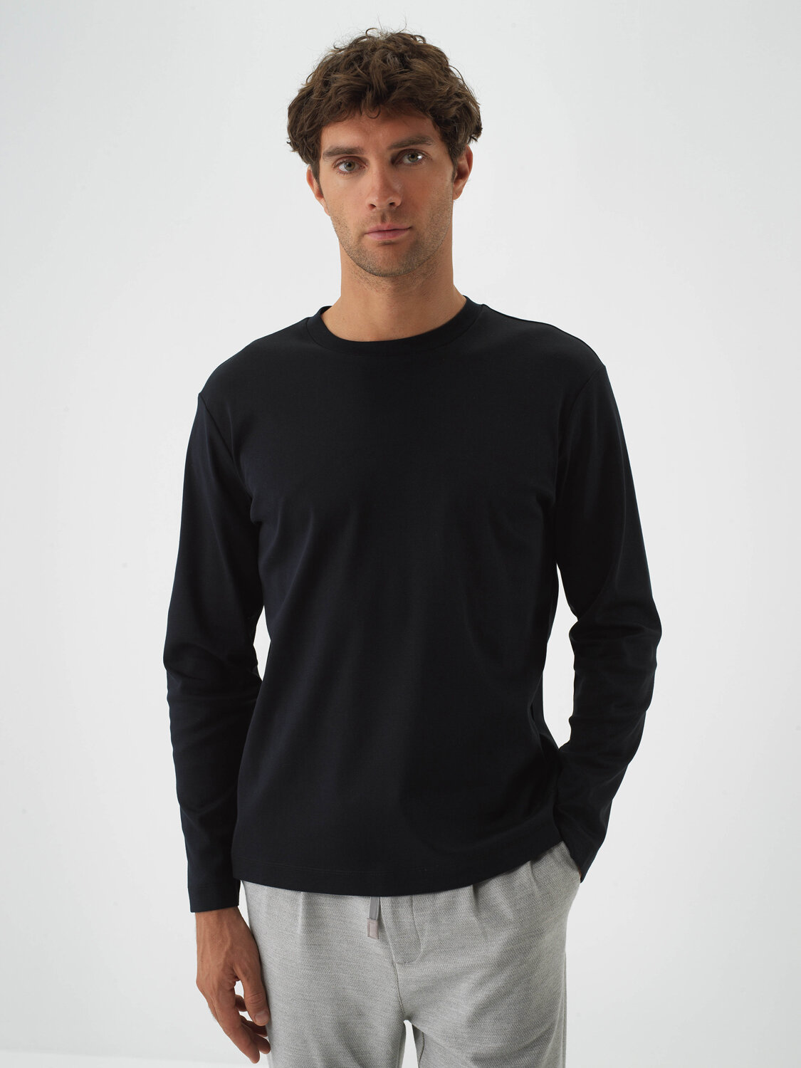 Black Luxury Mercerized Textured Regular Fit Long Sleeve T-Shirt - Xint
