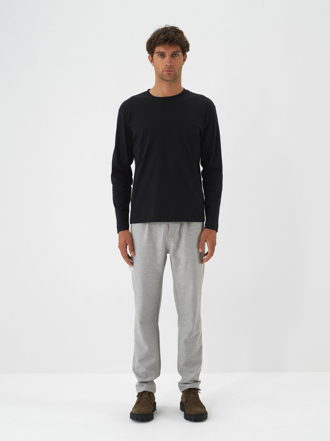 Black Luxury Mercerized Textured Regular Fit Long Sleeve T-Shirt - Xint