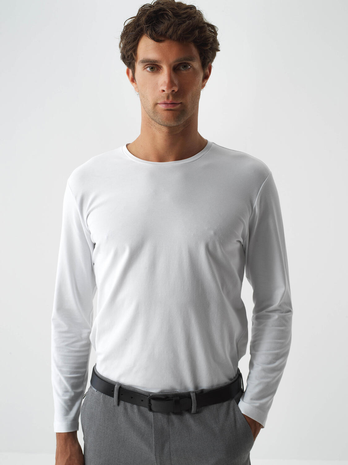 White Modal Textured Slim Fit Long Sleeve T-Shirt