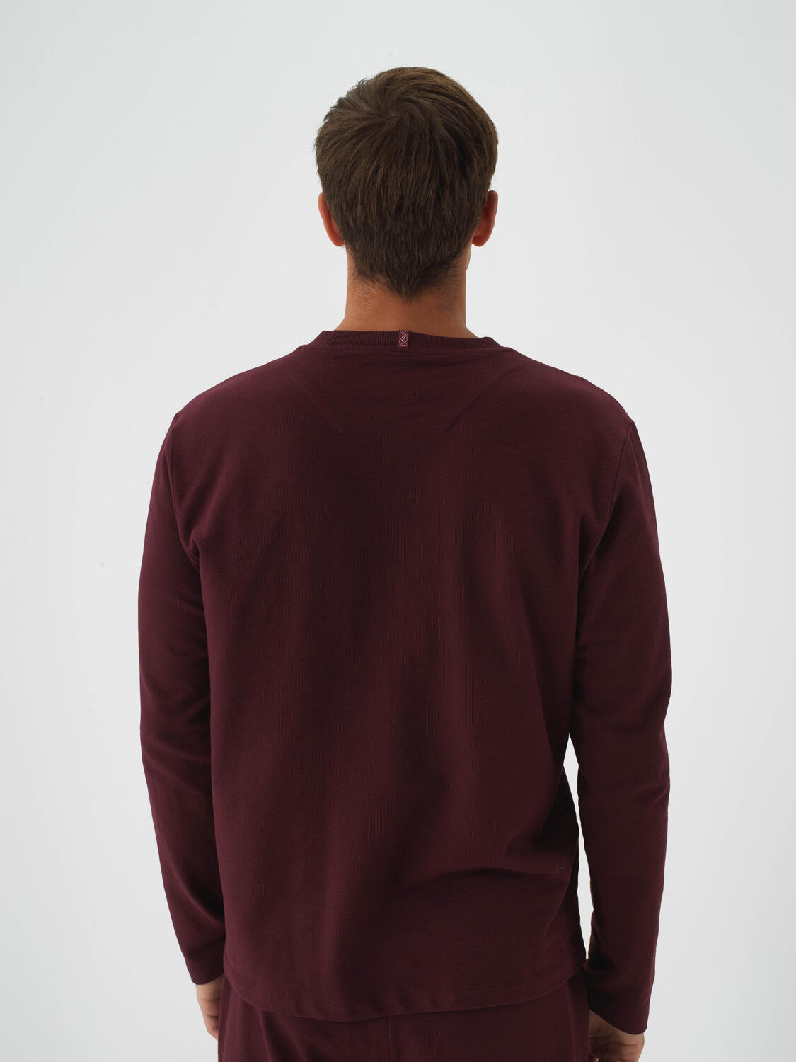 Burgundy Cotton Textured Regular Fit Long Sleeve T-Shirt - 4