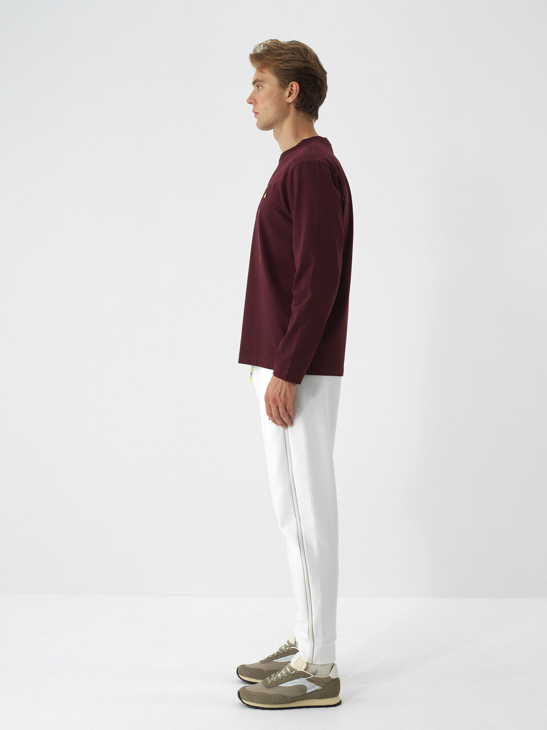 Burgundy Cotton Textured Regular Fit Long Sleeve T-Shirt - Xint