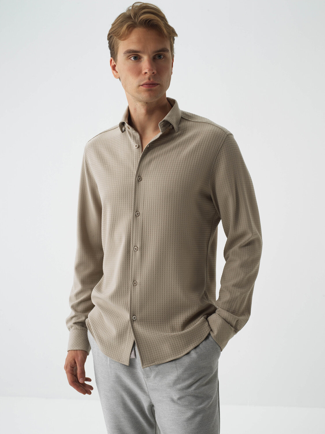 Beige Flexible Textured Regular Fit Shirt - Xint