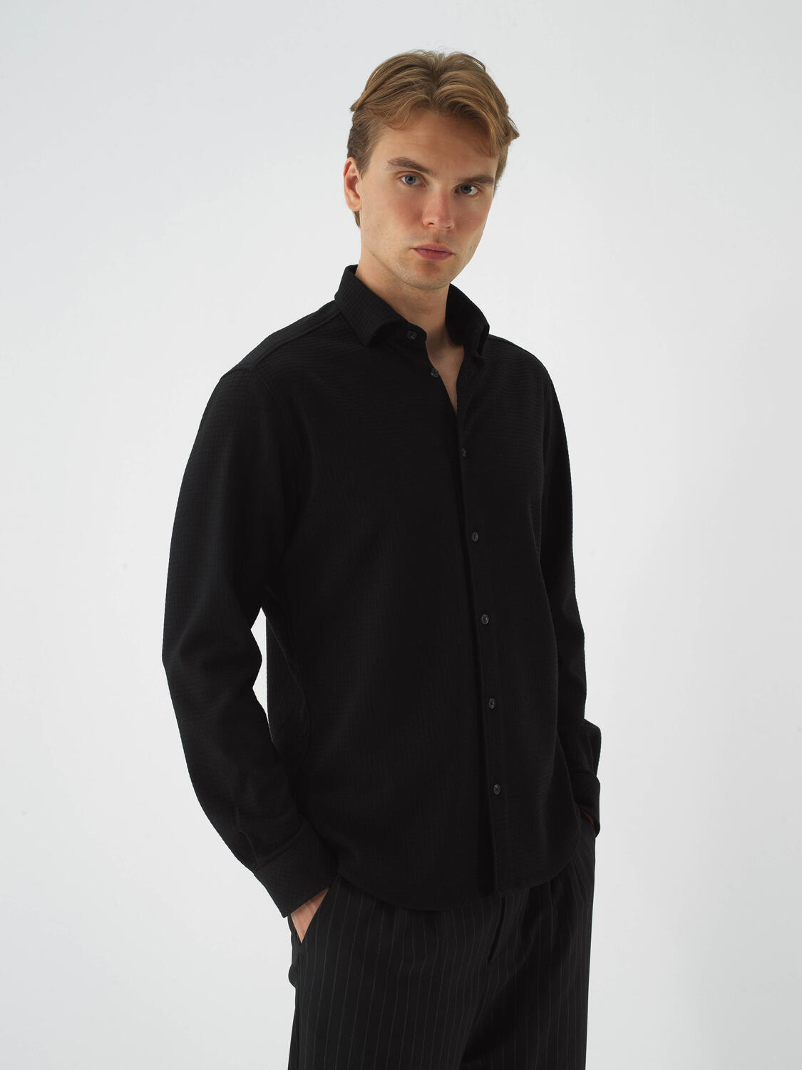 Black Flexible Textured Regular Fit Shirt