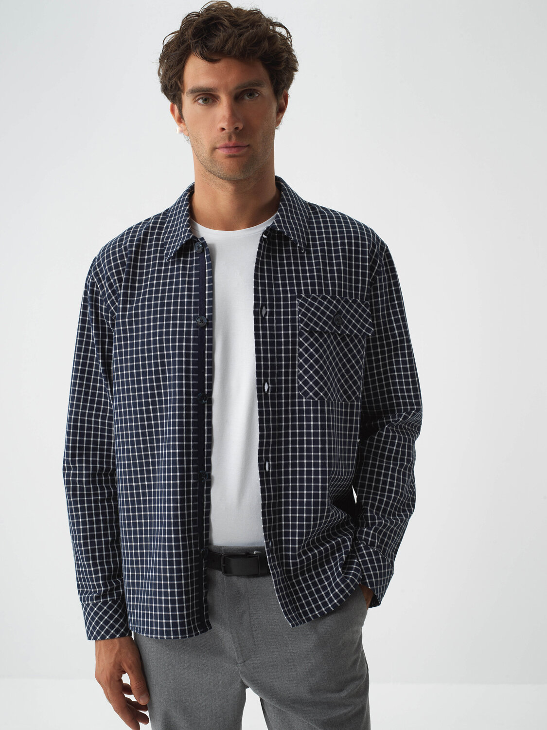 Navy Blue Modern Plaid Regular Fit Shirt Jacket - Xint