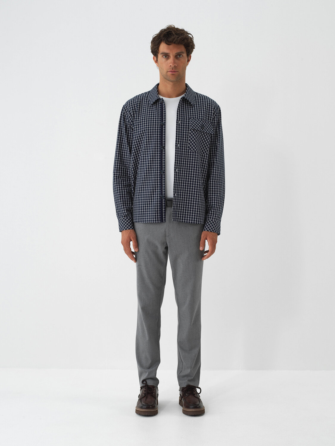 Navy Blue Modern Plaid Regular Fit Shirt Jacket - Xint