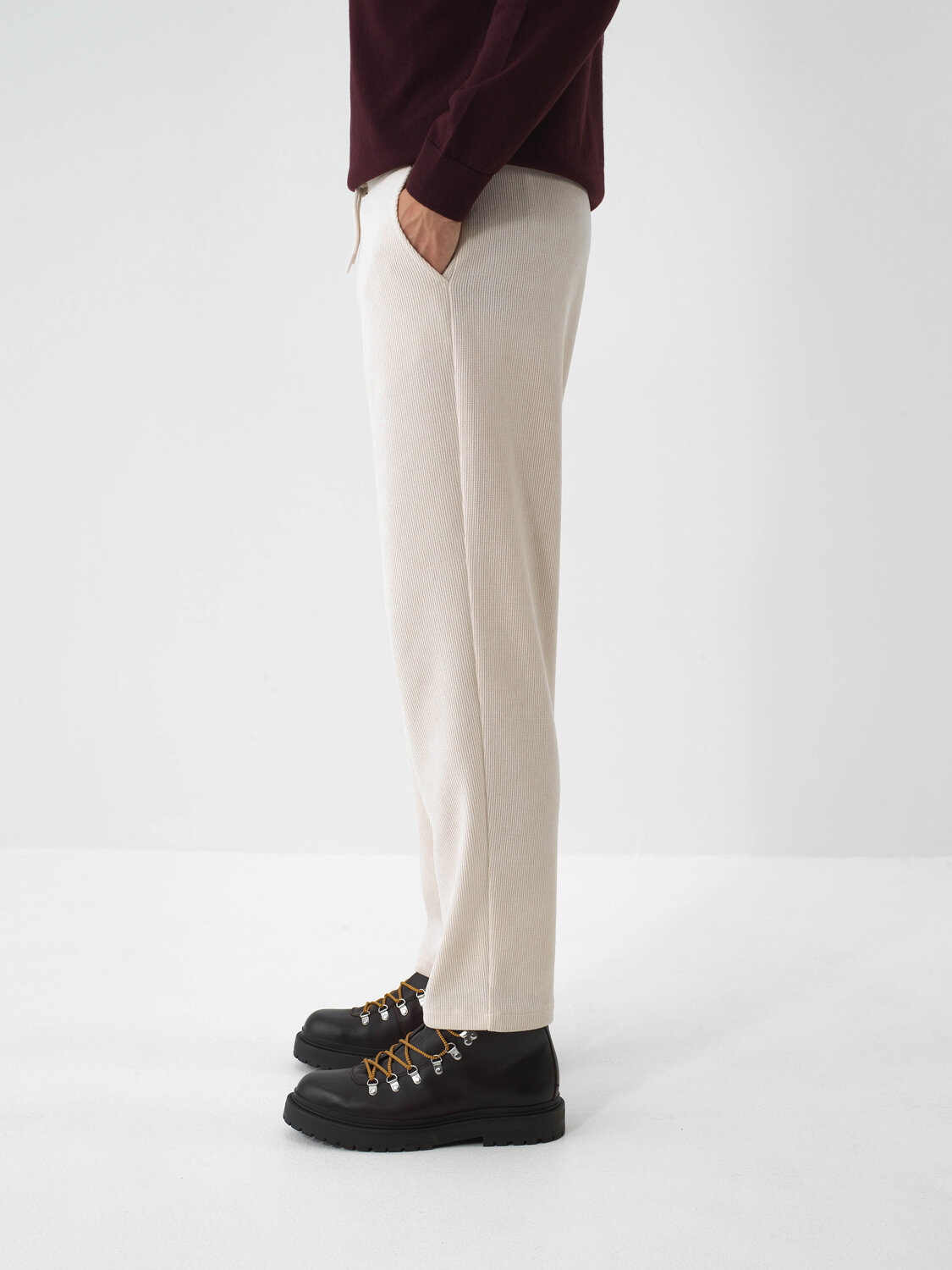 Beige Luxury Textured Soft Velvet Slim Fit Sweat Trousers - Xint