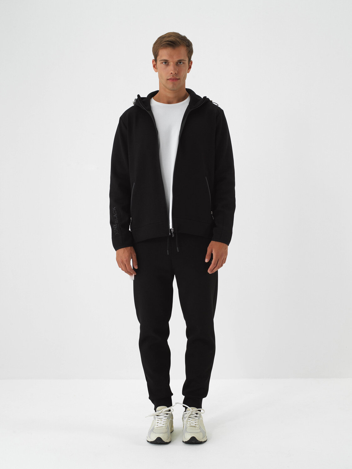 Black Cotton Textured Slim Fit Sweat Trousers - Xint