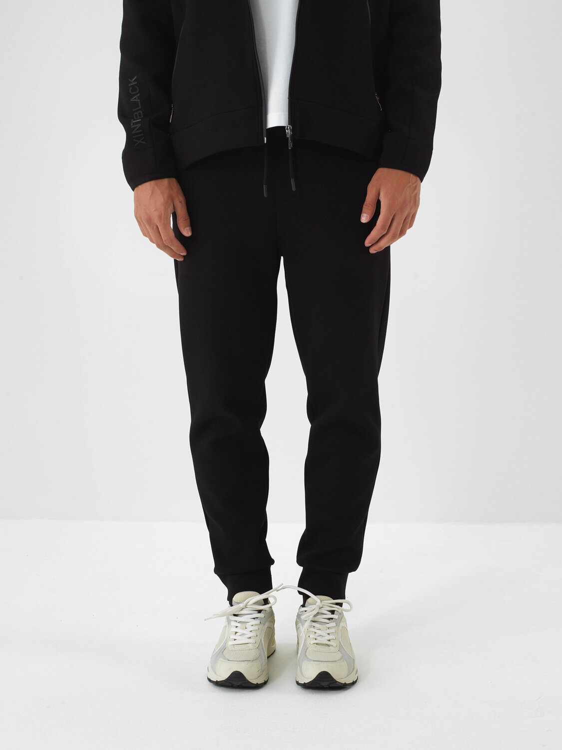 Black Cotton Textured Slim Fit Sweat Trousers - Xint